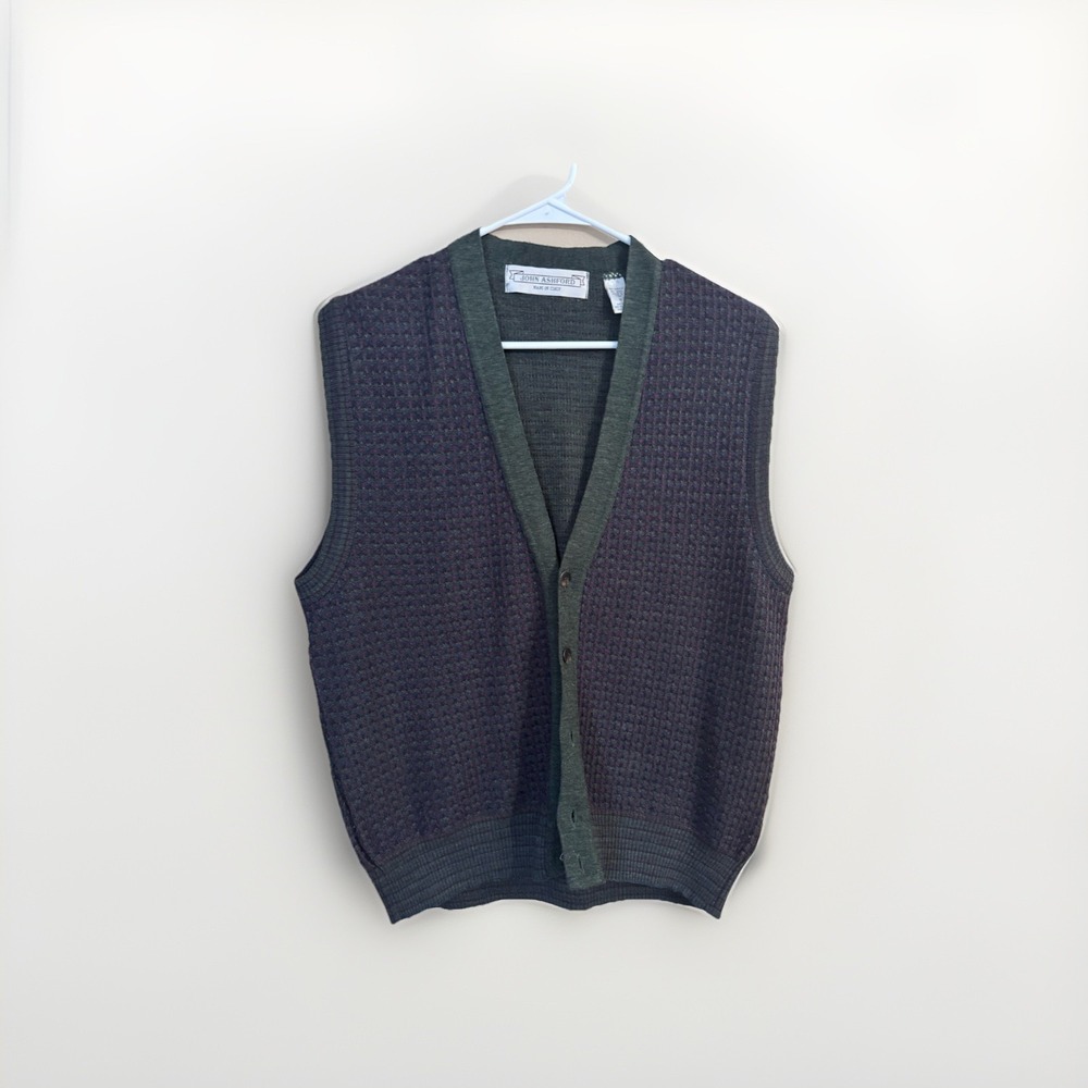 Vintage John Ashford Italian Wool Blend Plaid Grandpa Sweater Vest Navy Size M